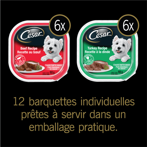 Nourriture humide pour chiens adultes CESAR(MD) pain classique en sauce en format variété – recette au bœuf et recette à la dinde image 2