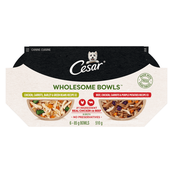 CESAR® WHOLESOME BOWLS™ Wet Dog Food,  Chicken, Carrots, Barley & Green Beans and Beef, Chicken, Carrots & Purple Potatoes Recipe Variety Pack image 1