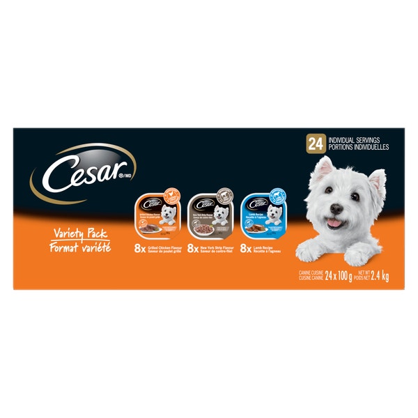 Nourriture humide pour chiens adultes CESAR(MD) pain classique en sauce et filets en sauce en format variété – pain classique en sauce saveur de poulet grillé et recette à l’agneau, et filets en sauce saveur de contre-filet image 1
