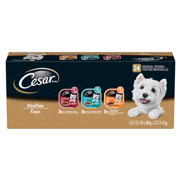 Nourriture humide pour chiens adultes CESAR(MD) pain classique en sauce en format variété Repas – saveur de filet mignon, saveur de filet de porc et saveur de bacon fumé et d’œufs image 1