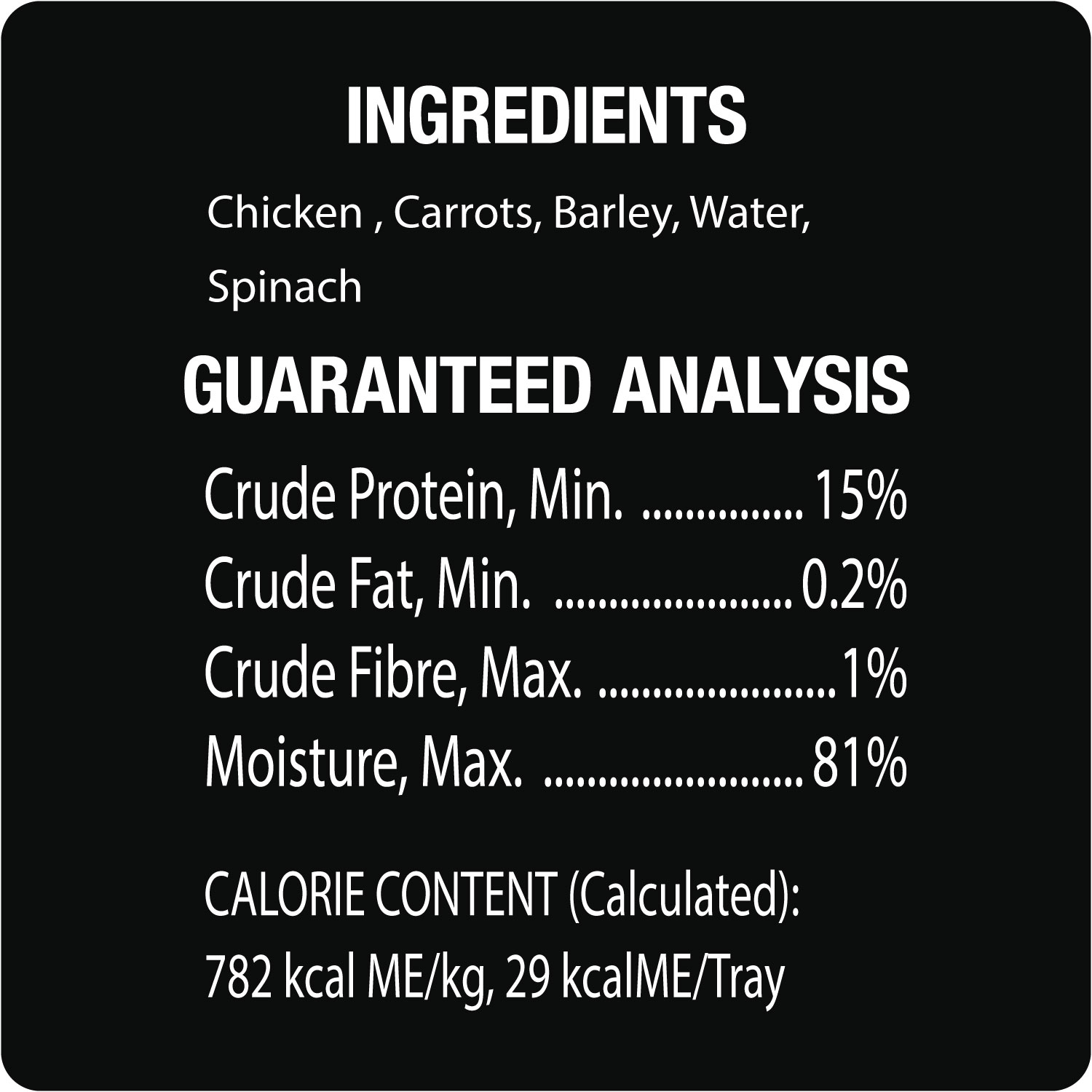 CESAR® SIMPLY CRAFTED™ Wet Dog Food, Chicken, Carrots, Barley & Spinach guaranteed analysis image
